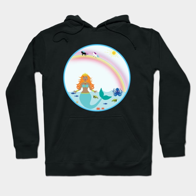 Mermaid in Sea with fish octopus crabs turtles unicorns and rainbow Hoodie by Rosemarie Guieb Designs